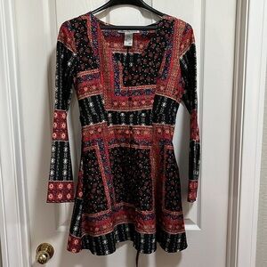 American Rag Boho Mini Dress Patchwork Bell Sleeve Scarf Tunic Flare Bandana XS